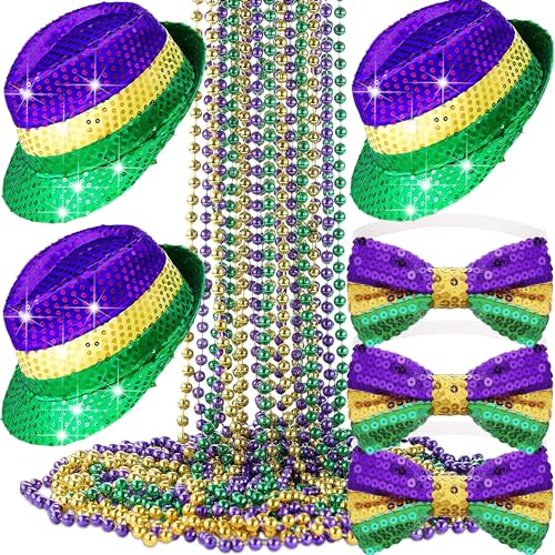 Bdecoll Karneval Karneval Zubehör Set Mardi Gras Meowdi Gras Hut - Pailletten Fliege - Bunte Perlenkette Karneval Kostüm Set für Karneval Party Favors von Bdecoll