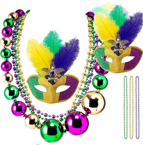 Bdecoll Mardi Gras Kostüm Zubehör Set, Mardi Gras Maske mit Federn - Karnevalskostüm Perlen Federboa - Farben in Gold, Grün, Lila für Maskerade Party von Bdecoll