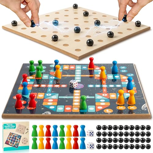 BeYumi Magnetisches Schachspiel 40Pcs Magnet Steine Puzzle Strategie Familienspiele für Kinder Erwachsene, 2-in-1 Magnetische Schach Flying Checker Holz Brettspiel, Tischplatte Brettspiel Travel Party von BeYumi