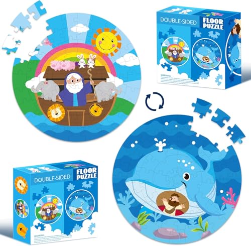 Haooryx 71er Noahs Arche & Jona und der Wal Puzzle-Set Doppelseitige Cartoon-Bibelgeschichten-Puzzles für Kinder Süße Religiöse Runde Papierpuzzles Bildungsmäßige Sonntagschule VBS-Unterhaltung von BeYumi