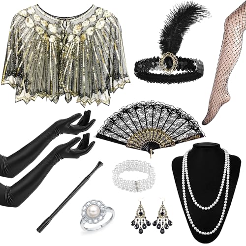 1920er Flapper Vintage Accessoire Set, Great Gatsby Accessoire Set Roaring 20er Themen-Outfit mit Paillettenfransen Perlenschal Kopfbedeckung für Damen von Beamely