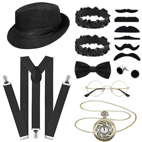 1920er Gatsby Kostüm-Zubehör-Set, 20er Jahre Kostüm-Set für Erwachsene Herren mit Hut, Fliege, Taschenuhr, Hosenträger, Brille für Cosplay-Partyzubehör zum Anziehen (Style 2) von Beamely