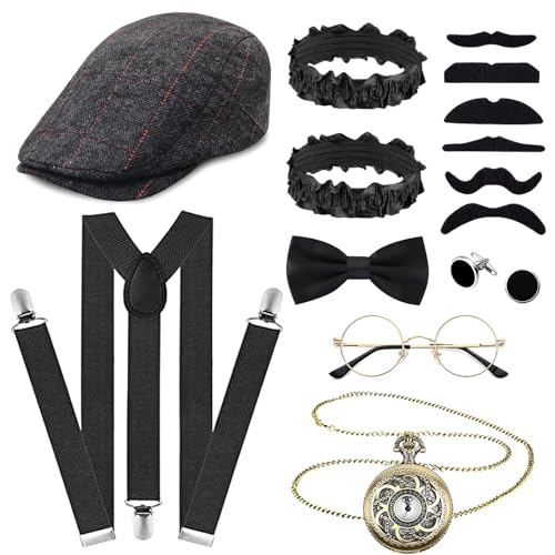 1920er Gatsby Kostüm-Zubehör-Set, 20er Jahre Kostüm-Set für Erwachsene Herren mit Hut, Fliege, Taschenuhr, Hosenträger, Brille für Cosplay-Partyzubehör zum Anziehen von Beamely