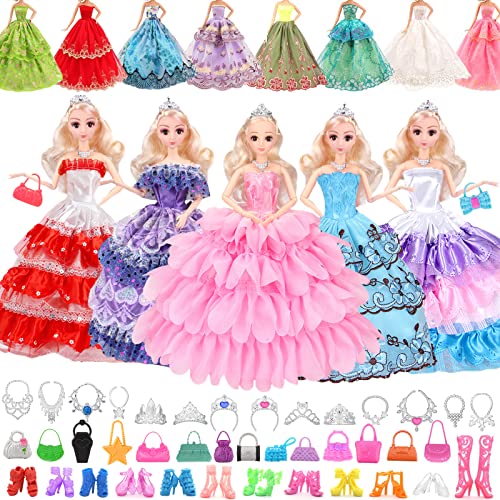 48 Stück Puppenkleidung für Barbie-Puppen, Kollektion für Puppen von 11,5 Zoll mit 6 Prinzessinnen-Kleidern + 20 Schuhen + 10 Taschen + 6 Halsketten + 6 Kronen (zufällige Stile) von Beamely