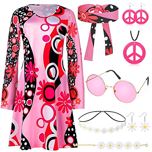 60er 70er Jahre Kostüm für Damen, 1970er Hippie Kostüm Kleidung Zubehör Set mit Blumenrock Stirnband Ohrringe Armband Sonnenbrille Halskette Hippie Disco Outfit für Verkleidungsparty Retro Party von Beamely