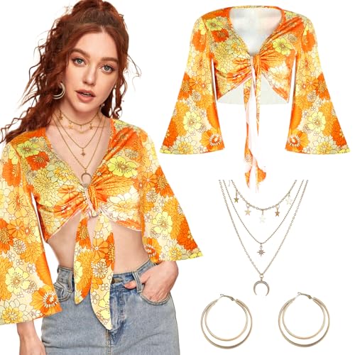 70er Jahre Hippie Stil Tops Zubehör Set für Frauen, Hippie Kostüm Verkleidung inklusive Trompetenärmel Tops Kreis Ohrring Dreilagige Halskette, Hippie Outfits für Retro Motto Party Halloween Karneval von Beamely