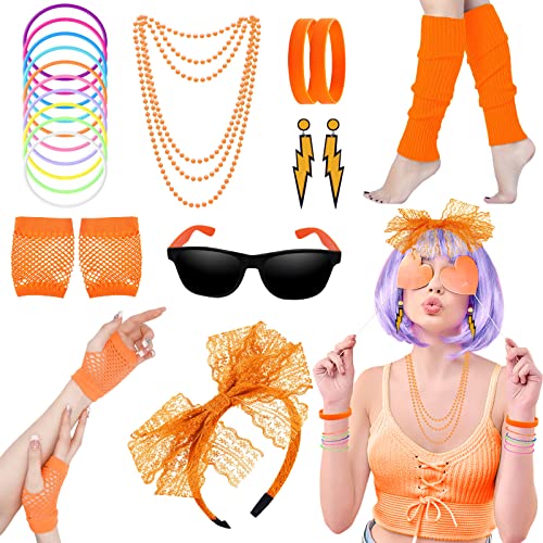 80er Jahre Fancy Kleid Kostüme Zubehör, 80er Jahre Stil Kleider Party Sets für Frauen, Kinder Neon Beinwärmer Halsketten Armband Fischnetz Handschuhe Bogen Stirnband Ohrringe Sonnenbrillen-2 von Beamely