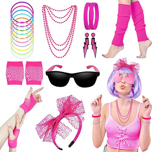 80er Jahre Fancy Kleid Kostüme Zubehör, 80er Jahre Stil Kleider Party Sets für Frauen, Kinder Neon Beinwärmer Halsketten Armband Fischnetz Handschuhe Bogen Stirnband Ohrringe Sonnenbrillen-4 von Beamely