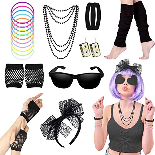 80er Jahre Fancy Kleid Kostüme Zubehör, 80er Jahre Stil Kleider Party Sets für Frauen, Kinder Neon Beinwärmer Halsketten Armband Fischnetz Handschuhe Bogen Stirnband Ohrringe Sonnenbrillen-6 von Beamely