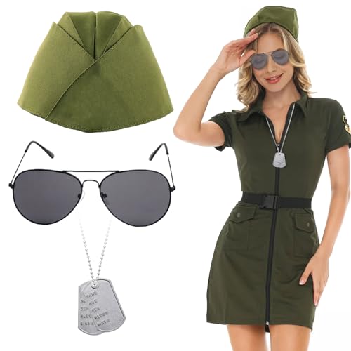 Beamely 3-teiliges Armee-Camouflage-Kostüm-Set für Damen, Solider-Militär-Kostüm, Zubehör mit Camouflage-Hut, Sonnenbrille, Erkennungsmarke für Erwachsene, Cosplay, Verkleidungsparty von Beamely