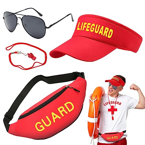 Beamely 4-teiliges Rettungsschwimmer-Kostüm-Zubehörset, inklusive Hut, Gürteltasche, Pfeife, Sonnenbrille, Rettungsschwimmer-Cosplay-Outfit für Erwachsene und Teenager, Halloween, Verkleidungsparty von Beamely