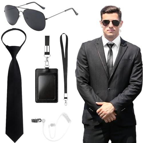 Beamely 5-teiliges Agenten-Zubehörset, Sicherheitsbeamter-Cosplay-Set mit Sonnenbrille, Krawatte, Kartenhalter, Ohrhörer für Erwachsene, Cosplay-Ankleideparty für Kinder von Beamely