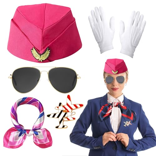 Beamely 5-teiliges Flugzeug-Stewardess-Kostüm-Zubehör-Set, Flugbegleiter-Kostüm-Set mit Stewardess-Hut, Schals, Brosche, Sonnenbrille, Handschuhen, Cosplay-Outfit für Damen, Kostümparty von Beamely