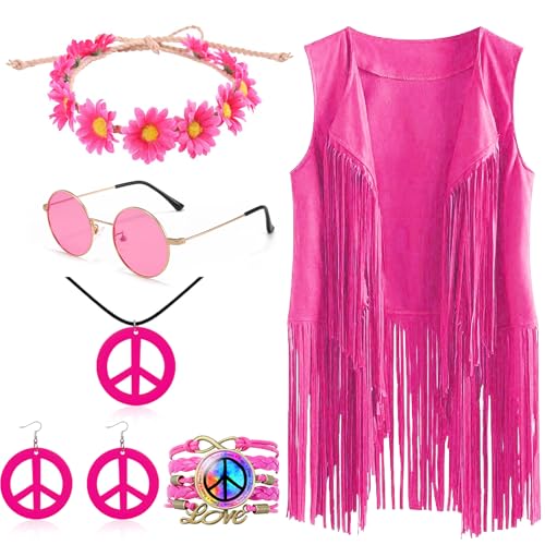 Beamely 6pcs Rosa Hippie-Kostüm Kleidungszubehör, 70er-Jahre-Hippie-Kostüm Set mit Fransenweste, 60er- und 70er-Jahre-Disko-Outfits für Männer und Frauen, Halloween, Karneval von Beamely