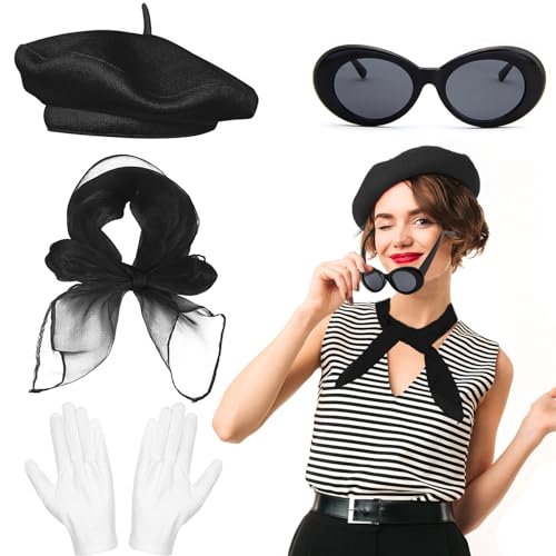 Beamely Französisches Frauen-Set, Kostümzubehör-Set für französische Künstler, Mime-Kit mit Baskenmütze, Schal, Sonnenbrille, Handschuhe für Frauen, Mädchen, Cosplay, Partyzubehör, Schulverkleidungen, von Beamely