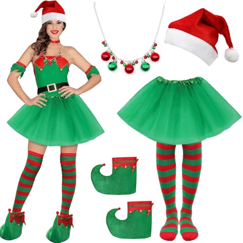 Damen Weihnachtselfen Kostüm Set mit Weihnachtsmütze Jingle Bell Halskette Xmas Schuhe Socken Tutu Rock von Beamely