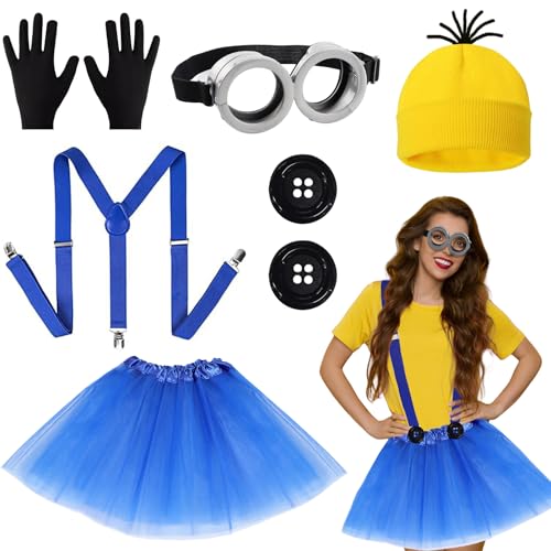 Halloween-Kostüm für Damen, Brille/gelbe Beanie/blaues Kleid/Strumpfhalter/Handschuhe von Beamely