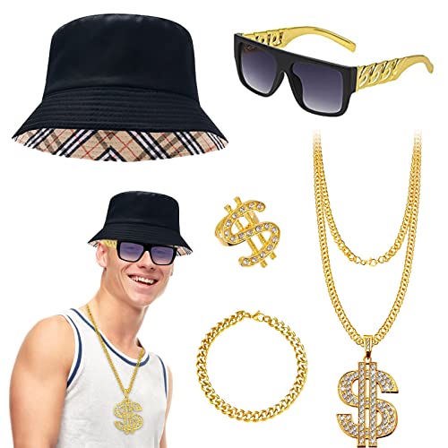 Hip Hop Kostüm Kit für Frauen Männer, 80er/90er Jahre Chunky Rapper Gangster Zubehör Set Fancy Kleid mit Eimer Hut Dollar Halskette Sonnenbrille Gold Armband Ring Outfits für Disco Dress Up Party von Beamely