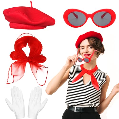 Kostüm-Zubehörset für französische Frauen, französisches Pantomimen-Set mit roter Baskenmütze, Schal, Sonnenbrille, Handschuhen für Frauen und Mädchen, Cosplay-Partyzubehör, Schul-Verkleidungstag von Beamely