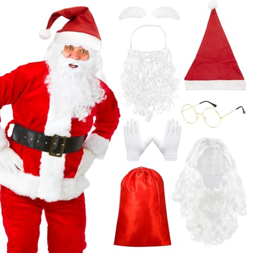 Weihnachtsmann-Kostüm-Set enthält Weihnachtsmannmütze, Weihnachtsmann-Bartperücke mit weißer Augenbraue, weiße Winterhandschuhe, Weihnachtsmann-Brille, Weihnachtsmann-Geschenktasche für von Beamely