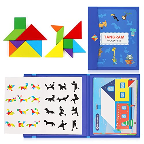 Bearsquad Hölzerne Magnetische Tangram Puzzle Spiele Reisespiele für Kinder 3 4 5 6 7 8 Jahren Denksportaufgaben IQ Book mit Lösung Pädagogisches Spielzeug Rätselgeschenk Jungen Mädchen von Bearsquad