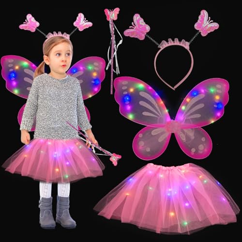 Beatific Leuchtend Feenkostüm Mädchen, Leuchtende Feenflügel, Kostüm Kinder Schmetterling Mit Zauberstab, Stirnband, LED-Tutu, Geeignet Für Weihnachten, Geburtstag, Karneval, Party, Cosplay Set von Beatific