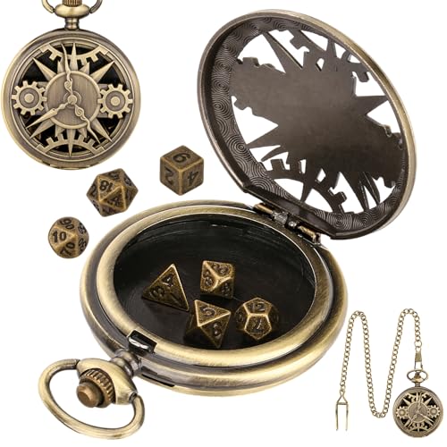 Mini DND Würfel Set, mit Bronzefarbenen, Glattem Taschenuhrgehäuse, 7 Stück teiliges D&D Würfelset aus Metall, Mini Dice Set Locket, Dungeons and Dragons Geschenke, Rollenspiel Brettspielzubehör von Beatific