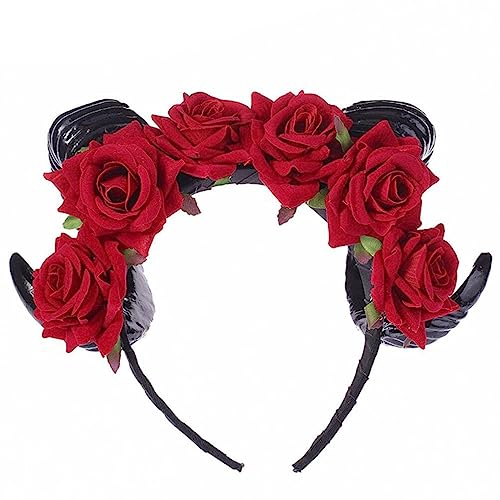 Beaupretty Schafhorn Rose Blume Stirnband Gothic Kopfschmuck Halloween Cosplay Party Kostüm Kopfschmuck für Frauen von Beaupretty