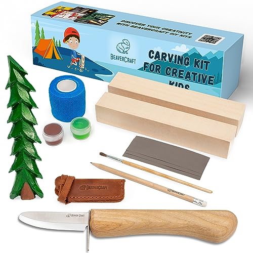 BeaverCraft Holzschnitzset für Kinder & Anfänger DIY 08 - Schnitzmesser Set & Holzrohling - Holz Schnitzwerkzeug mit Linde Holz-Blöcken, Holzbearbeitung für Kinder Hobbykits für Jungen DIY-Geschenke von BeaverCraft