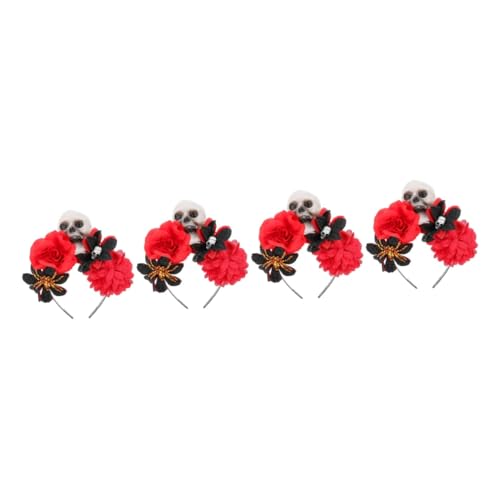 Beavorty 4 Stück Schädel Rose Stirnband Skelettkopf Stirnbänder Haarband Mit Rosenblüten Stirnband Mit Rosenblüten Halloween-rosenblumen-stirnband Haarschmuck Für Frauen Mode Plastik Rot von Beavorty