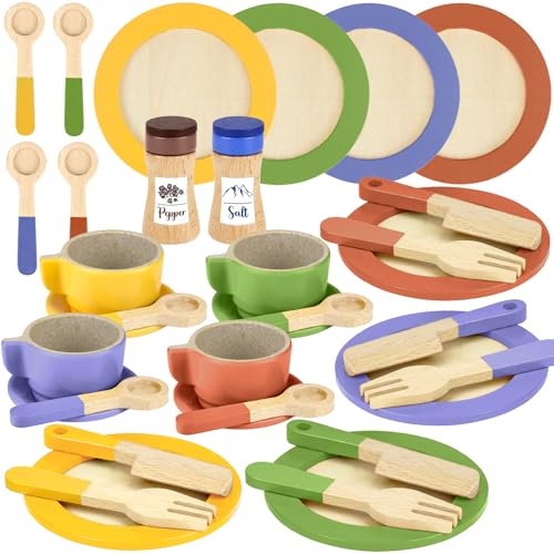 Beberolen Kinderküche Geschirr Holz, Puppengeschirr Spielküche Zubehör, Holzspielzeug Geschirrset für Kinder Küche, 26PCS Kindergeschirr Holz Küchenutensilien Rollenspiel Lernspielzeug Geschenk von Beberolen