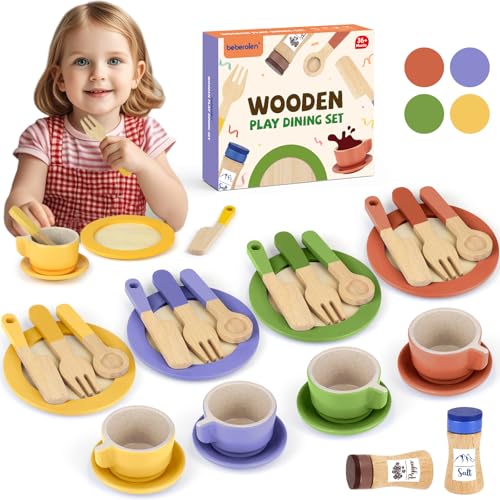 Beberolen Kinderküche Geschirrset Kinder Holz, Spielküche Zubehör Puppengeschirr, Holzspielzeug Kochgeschirr, Pädagogisches Rollenspiel Kinderspielzeug Lernspielzeug Geschenk von Beberolen