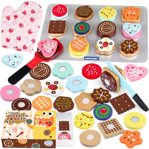 Beberolen Kinderküche Spielküche Zubehör aus Holz, Holzspielzeug Kuchen Spielzeug für Kinder, Küchenzubehör Plätzchen Cookie Set Lebensmittel mit Klett-Verbindung, Rollenspiel Lernspielzeug Geschenk von Beberolen