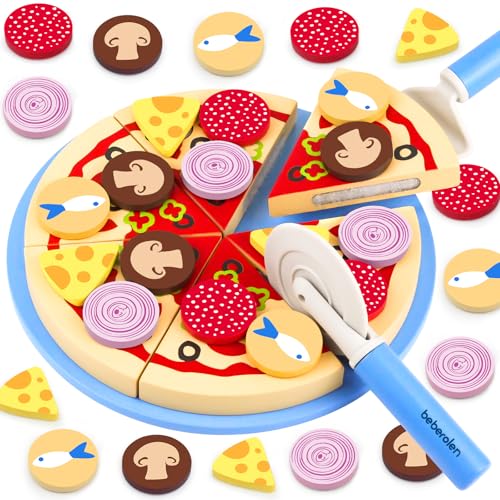 Beberolen Kinderküche Zubehör Pizza Set Holz, Spielküche Pizza Spielzeug für Kinder, Holzpizza Lebensmittel mit Klett-Verbindung, Pädagogisches Rollenspiel Lernspielzeug Geschenk von Beberolen