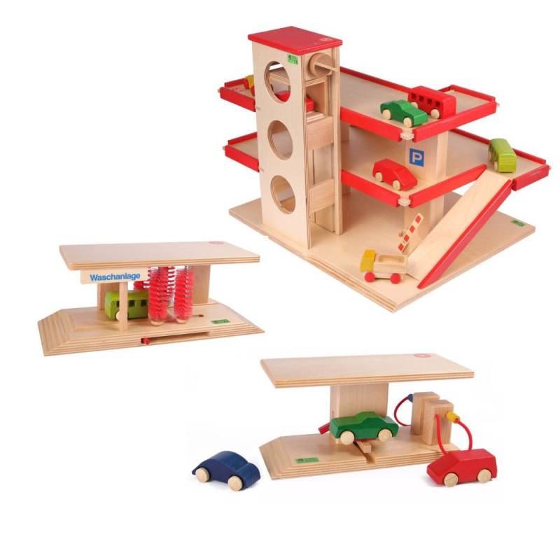 Set Parkhaus aus Holz, Tankstelle, Waschanlage, Beck Holzspielzeug. von Beck Holzspielzeug