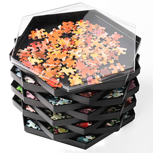 Becko Stapelbare Puzzle Sortiertabletts Puzzlesortierer mit Deckel Puzzle Zubehör für Puzzles bis zu 1500 Teile, 8 sechseckige Tabletts (schwarz) von Becko US