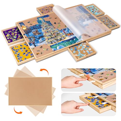 Becko US 1000 Piece Rotating Puzzle Board with 6 Sorting Drawers & Clear PP Cover, Push to Open Design, Spinning Puzzle Table with Lazy Susan for Adults and Kids, for Jigsaw Puzzles 1000 Piece von Becko US