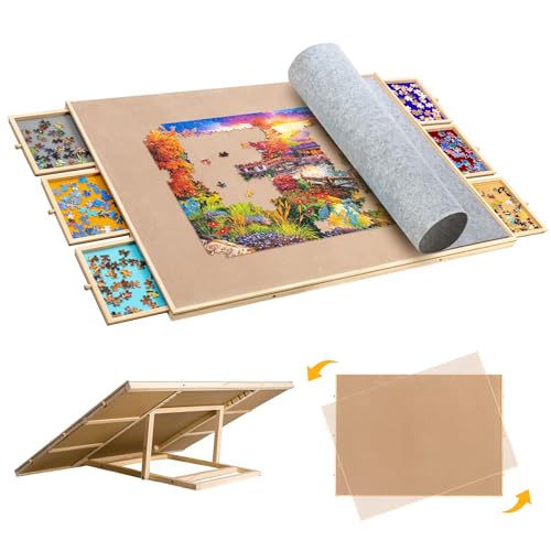 Becko US 2-in-1 neigbares und drehbares Puzzlebrett, 2000 Teile, Holz-Puzzle-Tisch mit 6 bunten Schubladen und Abdeckmatte, verstellbare Tische mit Stauraum für Erwachsene, mit von Becko US