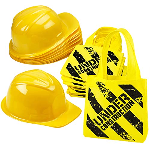 Bedwina Construction Birthday Party Supplies - (24 Pack) Construction Party Hat & Mini Tote Bag Supplies - (12) Yellow Toy Hats and (12) Under Construction Goodie Bags von Bedwina