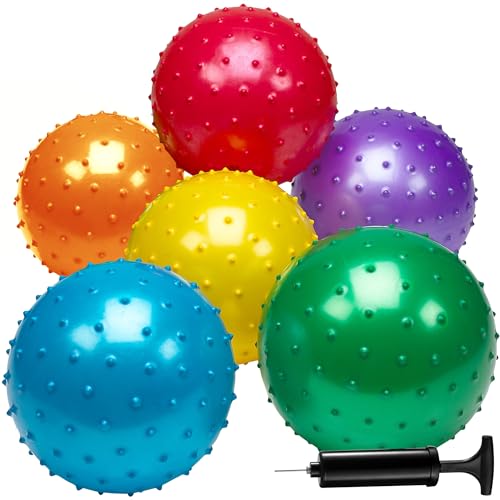 Knobby Balls - (Pack of 6) Bulk 7 Inch Sensory Balls and Spiky Massage Stress Balls, with Pump, Fun Bouncy Ball Party Favors, Stocking Stuffers for Kids, Toddlers by Bedwina von Bedwina