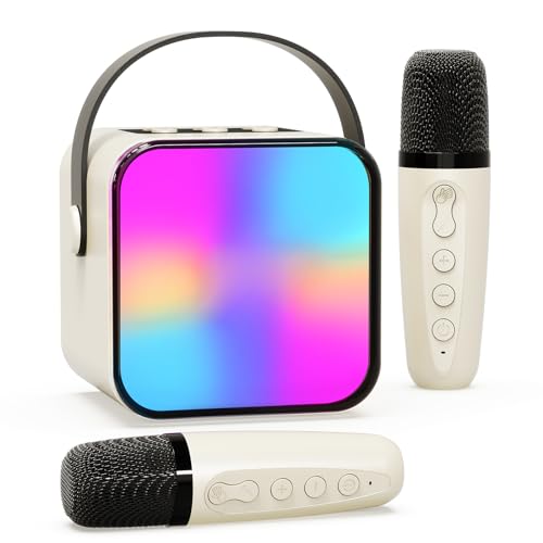 Karaoke Maschine mit 2 Drahtlosen Mikrofonen, Beedove Lautsprecher für Kinder mit LED-Lichter & Stimme Wechselnde Effekte, Tragbares Bluetooth Karaoke Spielzeug (Beige) von Beedove