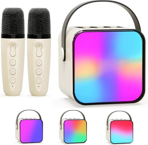 Karaoke Maschine mit 2 Drahtlosen Mikrofonen, Beedove Lautsprecher für Kinder mit LED-Lichter & Stimme Wechselnde Effekte, Tragbares Bluetooth Karaoke Spielzeug (Beige) von Beedove