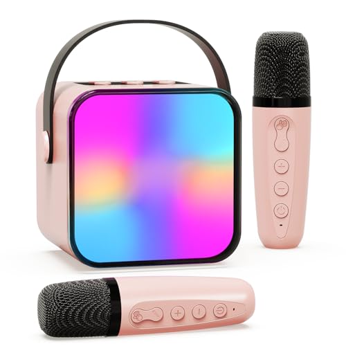 Karaoke Maschine mit 2 Drahtlosen Mikrofonen, Beedove Lautsprecher für Kinder mit LED-Lichter & Stimme Wechselnde Effekte, Tragbares Bluetooth Karaoke Spielzeug, Geschenke für Mädchen & Jungen (Rosa) von Beedove