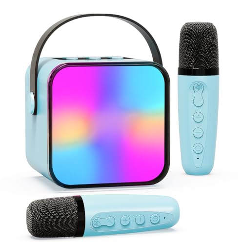 Karaoke Maschine mit 2 Drahtlosen Mikrofonen, Beedove Lautsprecher für Kinder mit LED-Lichter & Stimme wechselnde Effekte, Tragbares Bluetooth Karaoke Spielzeug, Geschenke für Mädchen & Jungen (Blau) von Beedove