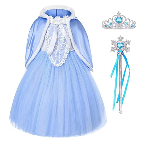 Beejirm Elsa Kleid Blau Prinzessin Kostüm mit Fee Zauberstab und Krone Diadem, Deluxe Mädchen Verkleidung für Party Cosplay Brautjungfer Festzug von Beejirm