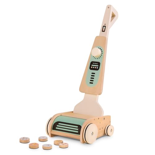 Beeloom Aspiralom Spielzeug-Staubsauger aus Holz für Kinder, Beige und Grün, mit 6 magnetischen Zubehörteilen, ab 2 Jahren von Beeloom