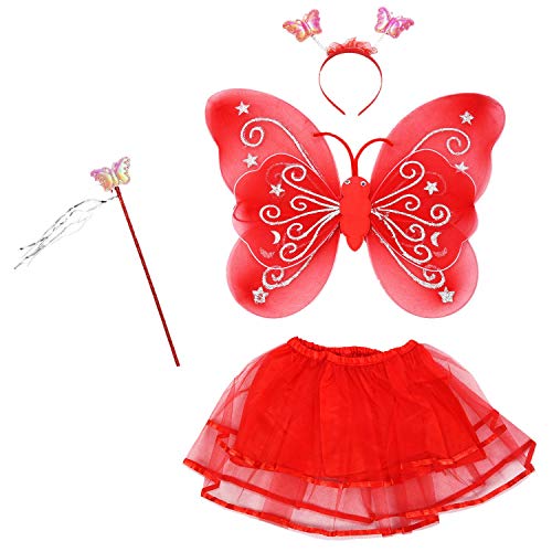 Beelooom 4Pcs Fee Prinzessin Schmetterling EngelsflüGel KostüM Party Kleid Geburtstagsgeschenke Rot von Beelooom