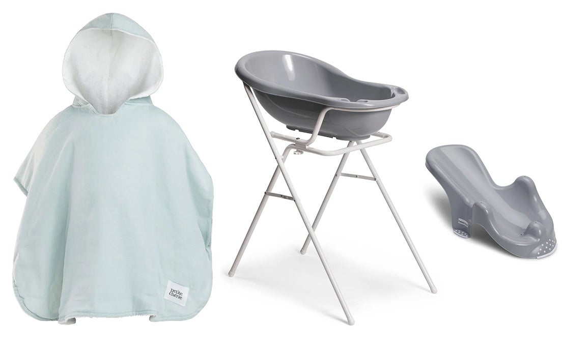 Beemoo CARE Badewanne mit Stativ inkl. Badestütze &  Badecape, Grey/Blue von Beemoo