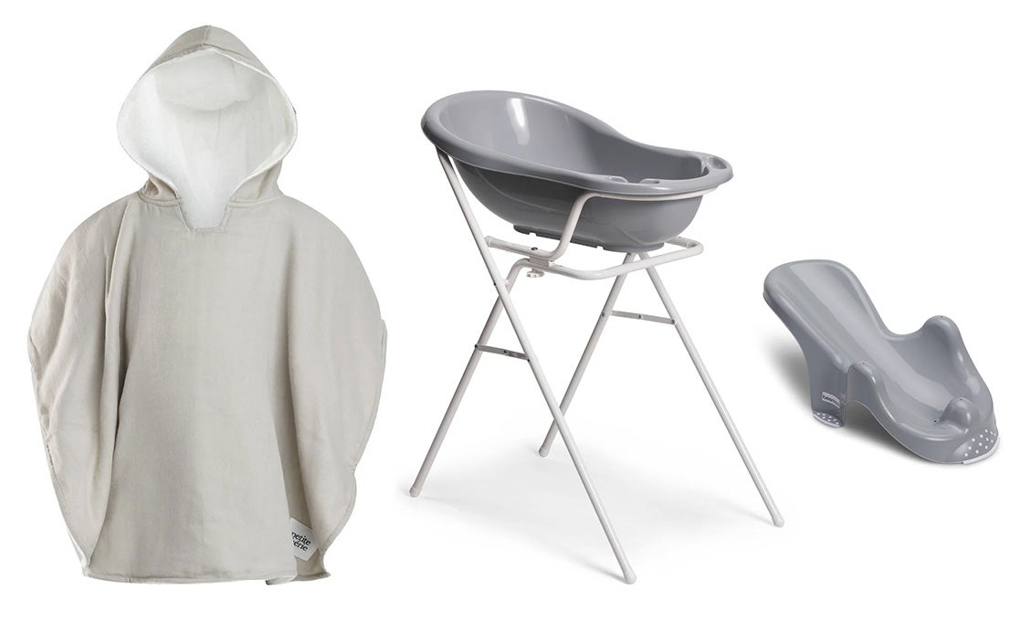 Beemoo CARE Badewanne mit Stativ inkl. Badestütze &  Badecape, Grey/Grey von Beemoo