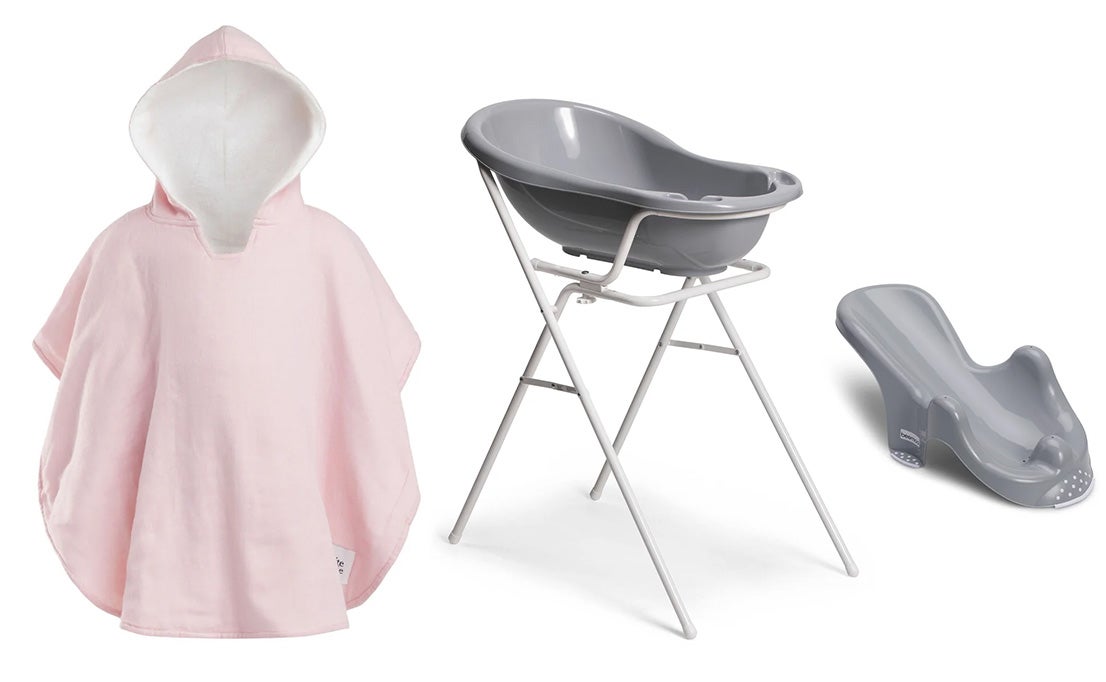 Beemoo CARE Badewanne mit Stativ inkl. Badestütze &  Badecape, Grey/Pink von Beemoo